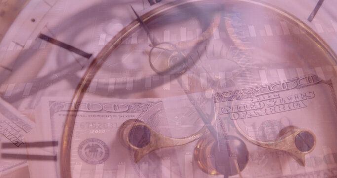 Image of financial data processing and clock over dollars and stehoscope