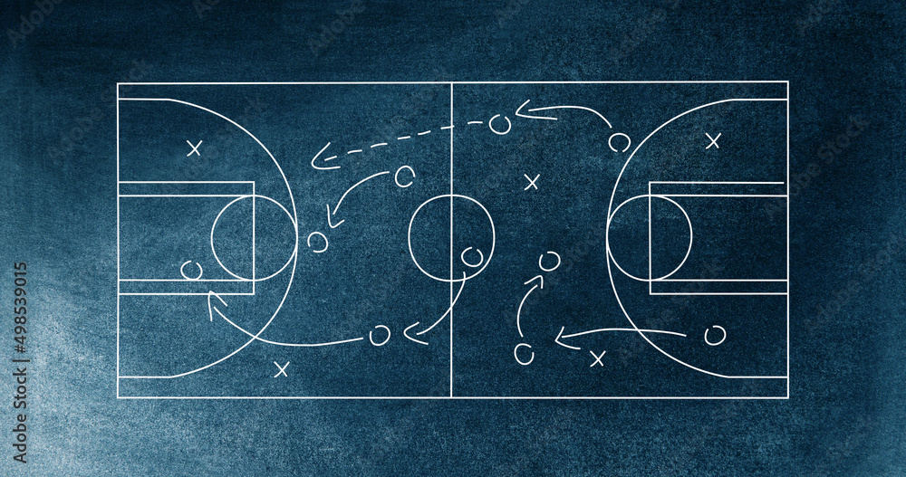 Canvas Prints Image of sports tactics over basketball court and chalkboard background