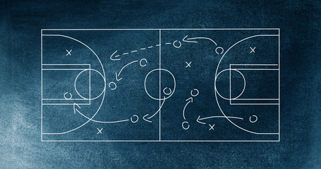 Image of sports tactics over basketball court and chalkboard background - obrazy, fototapety, plakaty
