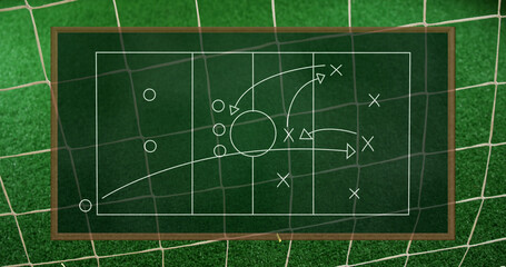 Image of sports tactics over football field and football in goal in background
