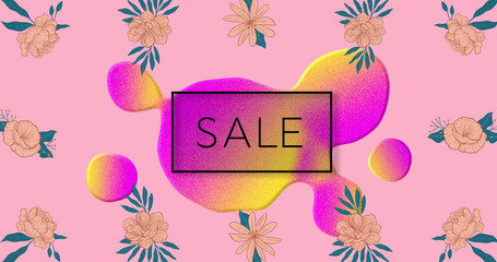 Image of sale text in frame with glowing blob and flowers on pink background