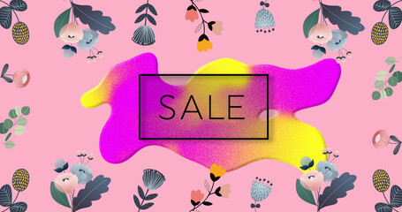 Image of sale text in frame over glowing blob and flowers on pink background