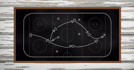 Image of sports tactics over game pitch on blackboard background