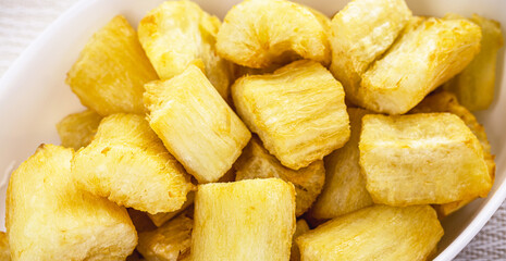 cassava, a typical root of south america, served fried as a snack, homemade and healthy food
