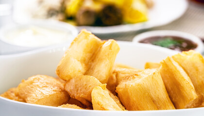fried cassava, snack made from cassava root and served fried with lettuce, traditional south...