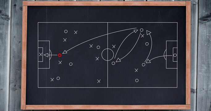 Image of sports tactics over football field on blackboard background
