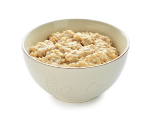 Bowl of healthy oatmeal on white background