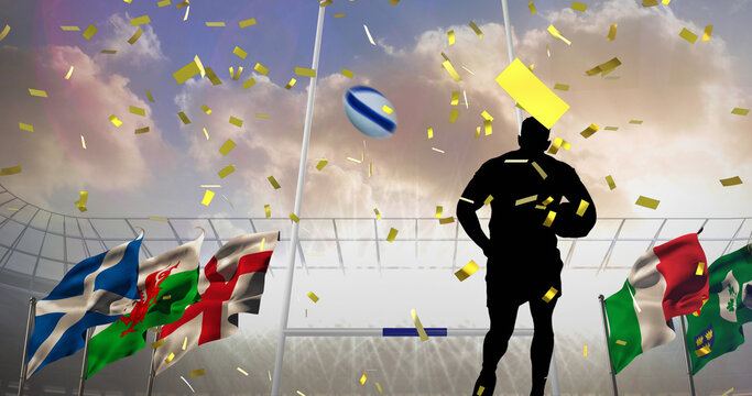 Image of strong together text and confetti over stadium with flags and rugby player