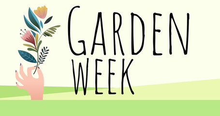 Image of hand with flower icon and garden week text on green background