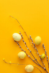 Fototapeta premium Composition with painted Easter eggs and pussy willow branches on color background