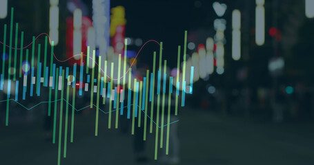 Image of financial data processing over cityscape