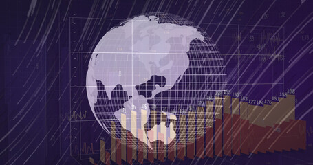 Image of financial data processing over globe on black background
