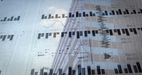 Image of financial data processing over cityscape