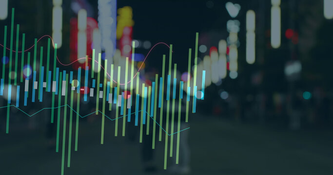 Image of financial data processing over cityscape
