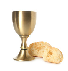 Cup of wine with bread on white background