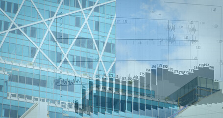 Image of financial data processing over cityscape