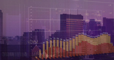 Naklejka premium Image of financial data processing over cityscape
