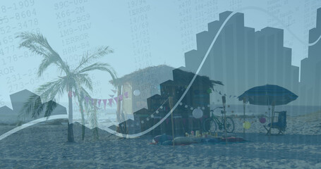Image of financial data processing over wind beach landscape