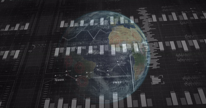 Image of financial data processing over globe on black background