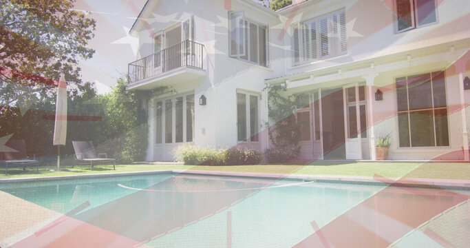 Image of flag of usa over general view of house and pool