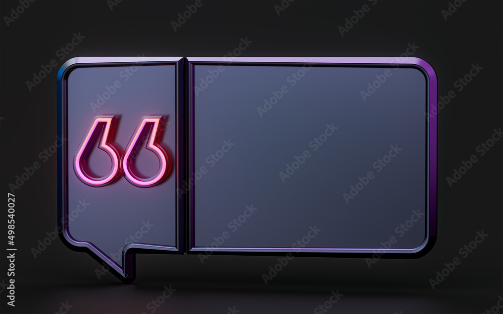 Poster quote text box with neon light empty dark background 3d render concept for important notice frame