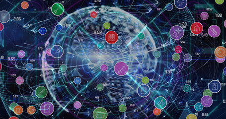 Image of network of connections, icons and data processing over globe