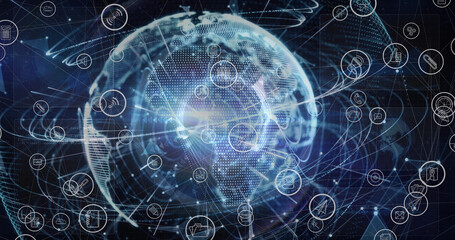 Image of network of connections, icons and data processing over globe