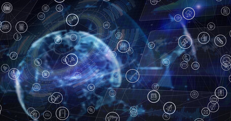 Image of network of connections, icons and data processing over globe
