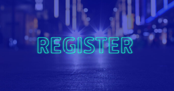 Image of register text over road on blue background - Powered by Adobe