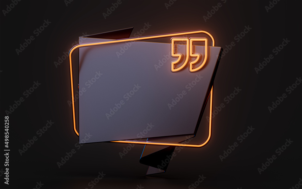 Poster quote text box with neon light dark background 3d render concept for dialog notice mark title