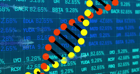 Image of dna strand and data processing on blue background