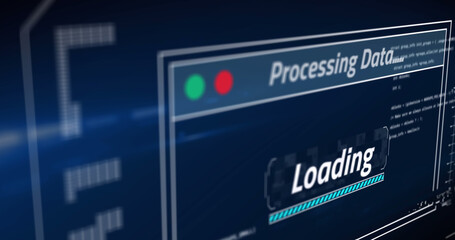 Image of data processing with loading bar on blue background