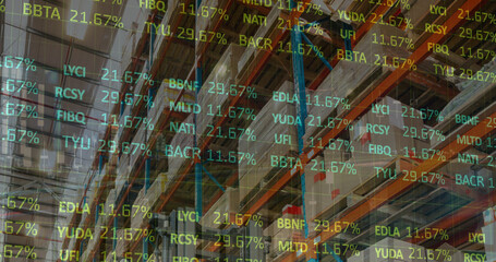 Image of financial data processing over road and warehouse
