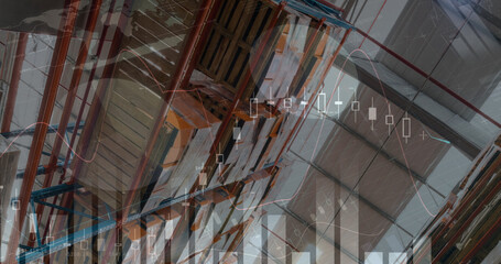 Image of financial data processing over empty warehouse