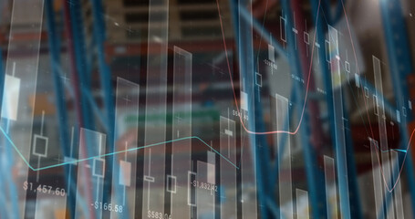 Image of financial data processing over empty warehouse