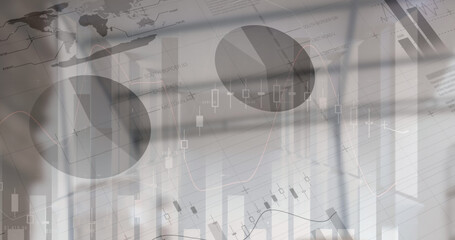 Image of financial data processing over empty warehouse