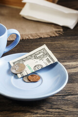 Restaurant tips or gratuity, american banknotes and coins on plate