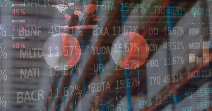 Image of financial data processing and stock market over empty warehouse