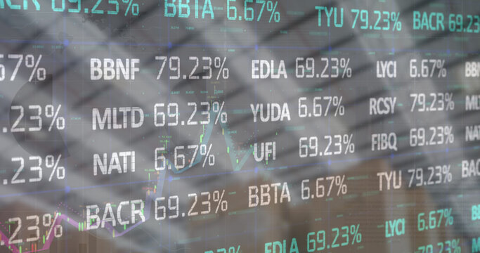 Image of financial data processing and stock market over empty warehouse