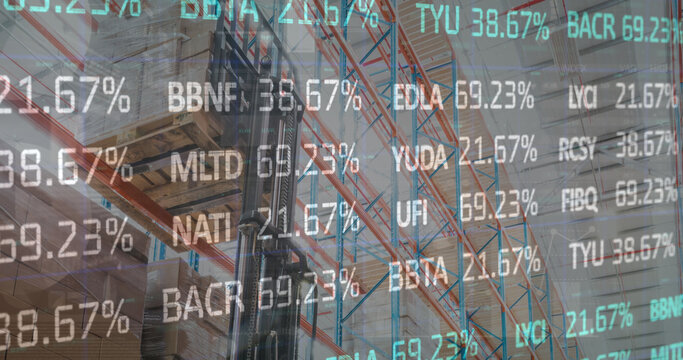 Image of financial data processing and stock market over empty warehouse