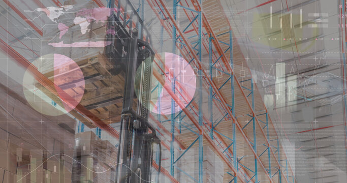 Image of financial data processing and hands of caucasian man over empty warehouse