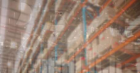 Image of financial data processing over empty warehouse