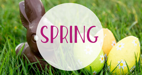 Image of spring text over easter eggs and chocolate rabbit