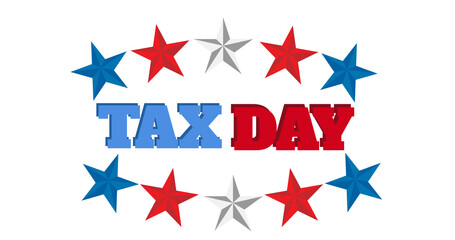 Image of tax day text on white, red and blue stars on white background