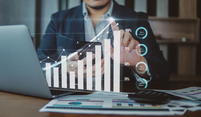 Concept of business people, business people with graph of business growing in visual screen,...