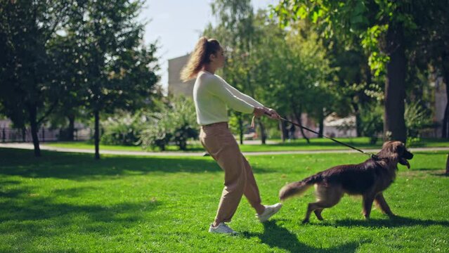 Young woman struggling to keep german shepherd dog on a leash, untrained pet