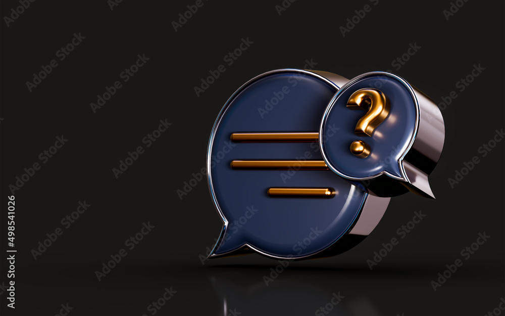 Poster 3d render gold and metallic message question mark icon on dark background concept for asking chat