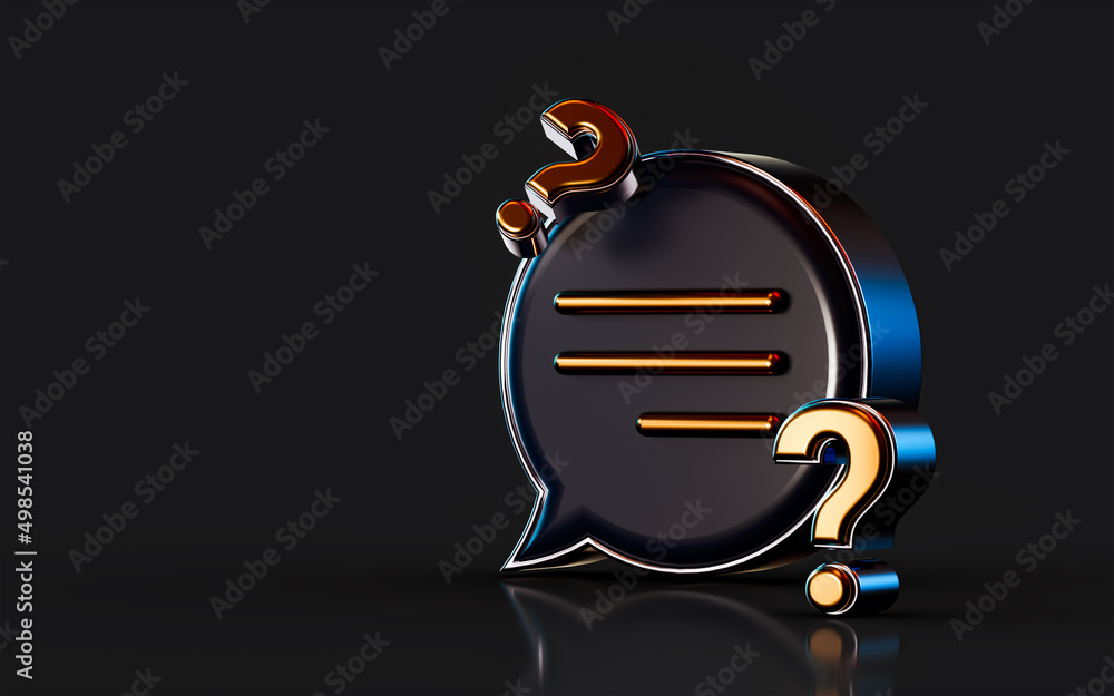 Poster 3d render gold metallic message question mark icon on dark background concept for confutation chat