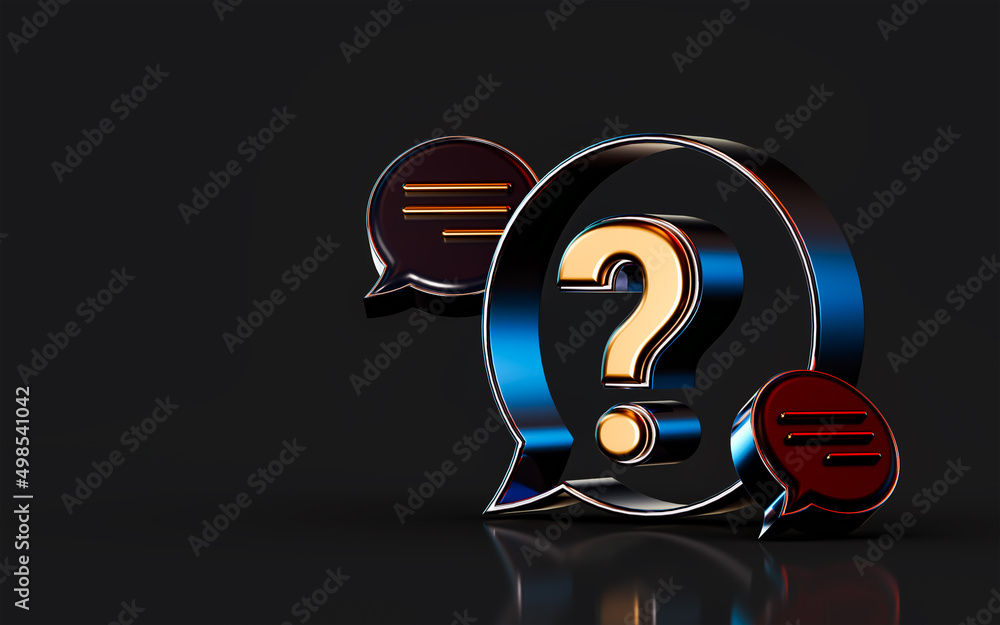 Poster 3d render gold metallic question mark message icon on dark background concept for asking information