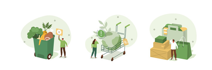Food loss and waste illustration set. Characters trying to reduce food waste, meal garbage and overconsumption problem. Environment and resources problem concept. Vector illustration.